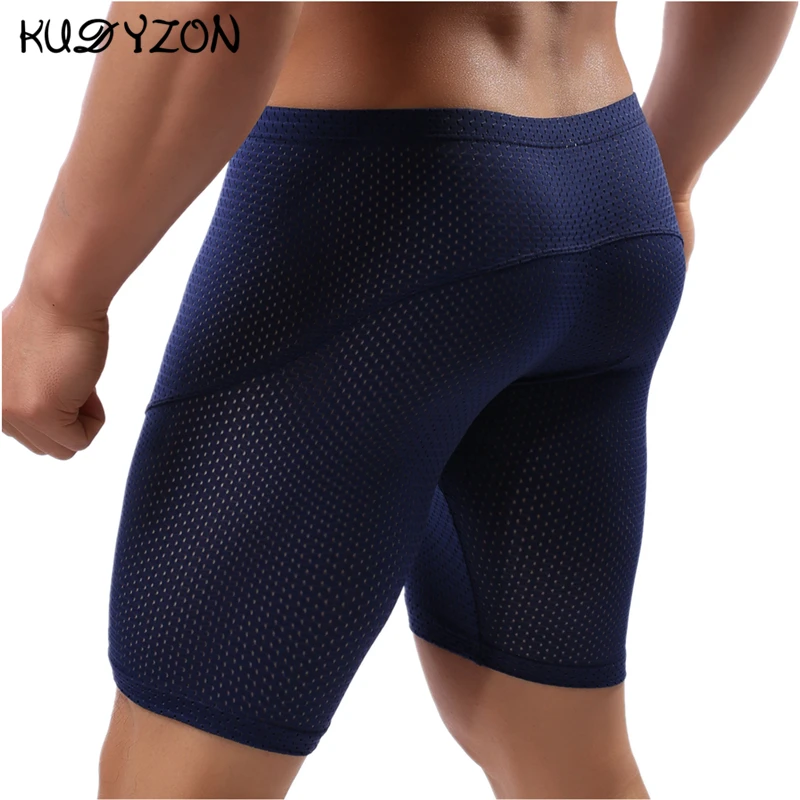 Fitness uomo lungo Boxer intimo Mesh traspirante intimo uomo Boxer pantaloncini gamba lunga bauli Sexy mutande da corsa