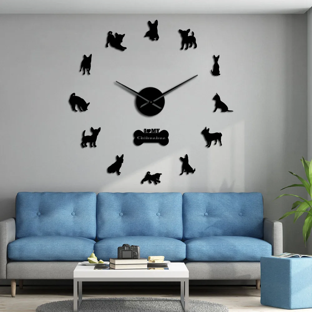 Mexico Dog Breed Chihuahua DIY 3D Acrylic Frameless Wall Clock With Big Hands Mirror Effect Numbers Sticker Dog Pet Giant Watch