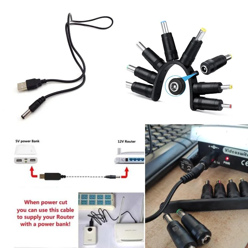 Przewód zasilający DC USB do 5521 wielofunkcyjna wtyczka DC męski kabel ładujący 8 w 1 5.5*2.1mm złącze 5V kabel zasilający do ładowarki