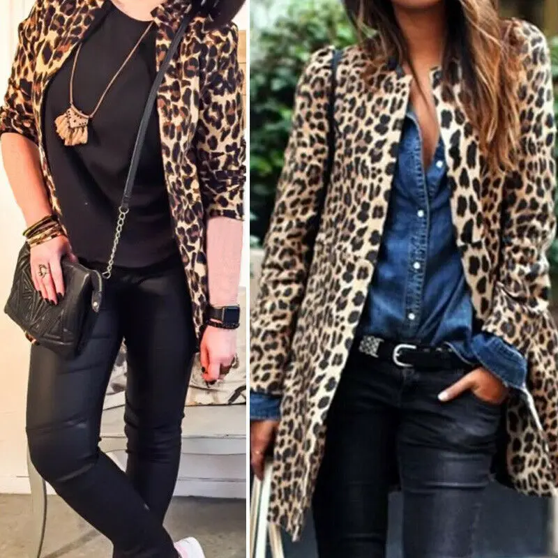 Women Leopard Cardigan Jacket Sweater Top Warm Casual Winter Long Sleeve Coat