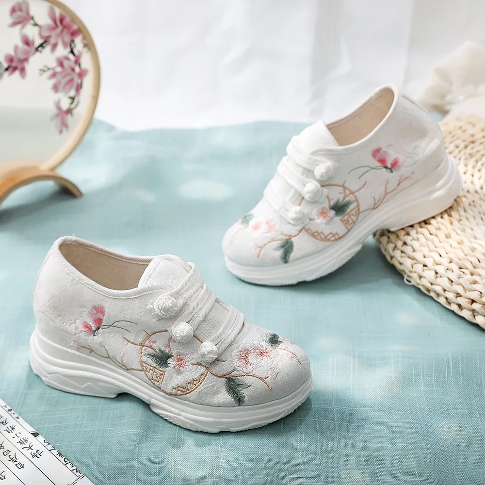 Veowalk Flower Embroidered Women Jacquard Clunky Sneakers Hidden Platform Soft Dorky Dad Shoes Chic Ladies Casual Creepers