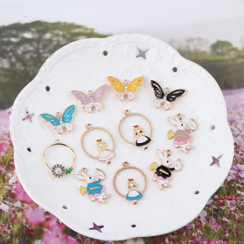 10pcs Enamels Alice Rabbit Butterfly Alloy Earring Charms DIY Handmade Making Hair Necklace Jewelry Pendant Accessories