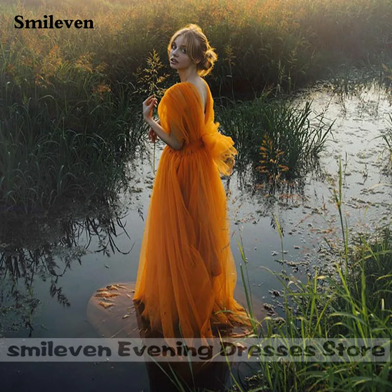 فستان حفلة موسيقية برقبة على شكل حرف V من Smileven برتقالي بدون ظهر من التل المنفوخ للحفلات الرسمية للفتيات فساتين سهرة للنساء