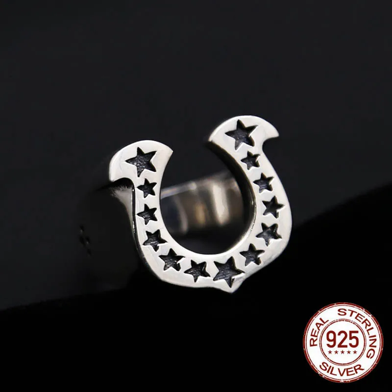 

100% 925 Sterling silver jewelry personality trendsetter Vintage Retro horseshoe closed ring U shaped Silver Star Ring Jewelry