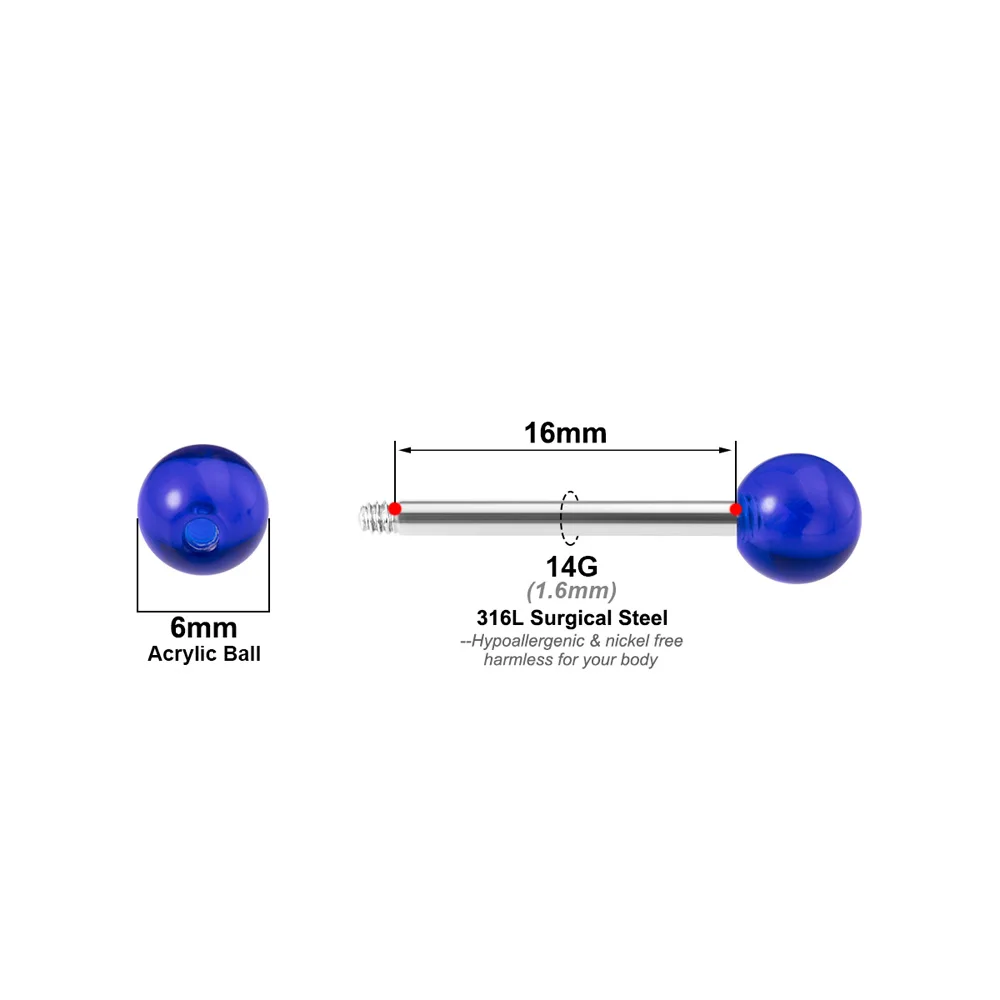 10 шт. кольца для языка, красочные акриловые шарики, 14 г, хирургическая сталь, прямые штанги для пирсинга языка для женщин, украшения для пирсинга