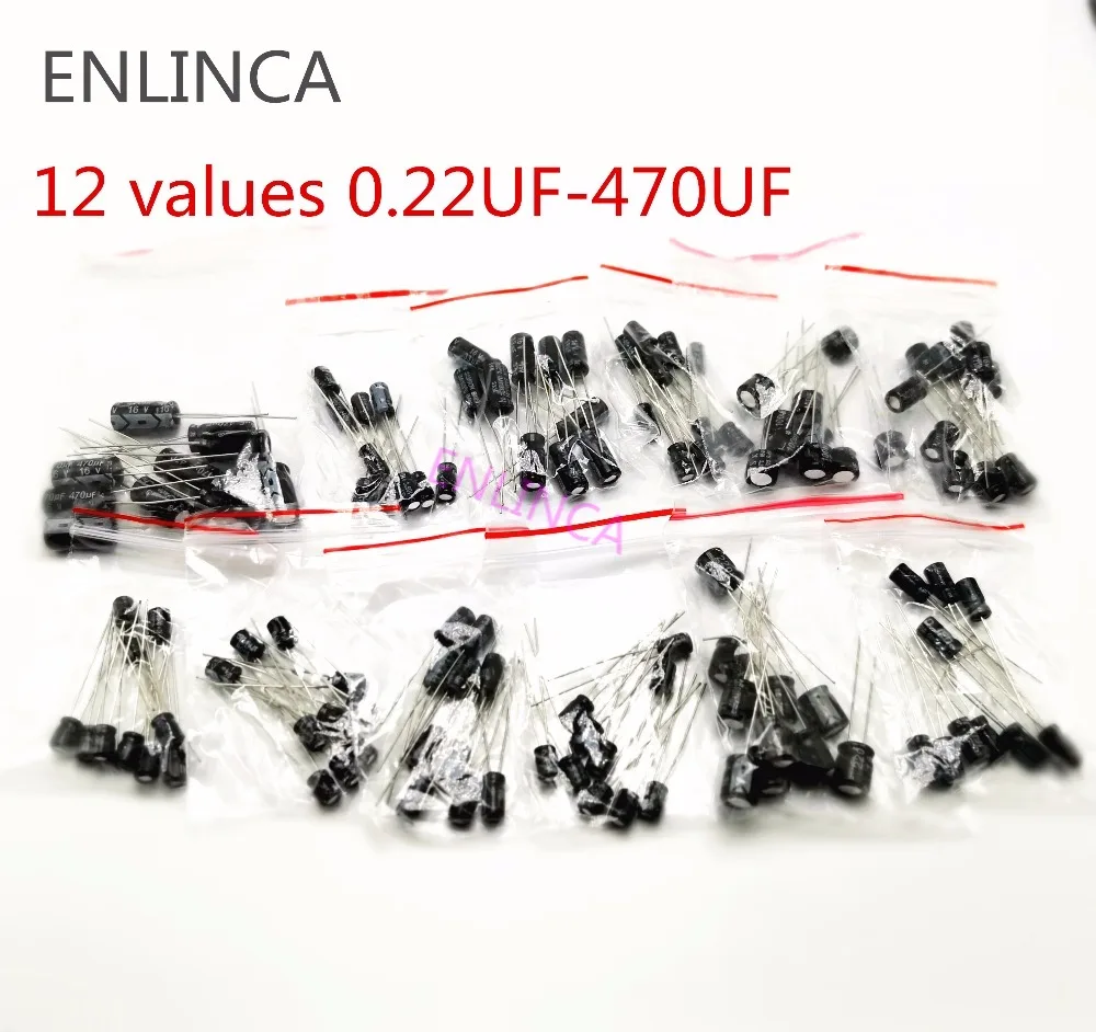 120pcs 12 values 0.22UF-470UF Aluminum electrolytic capacitor assortment kit set pack 16v 50v 0.22uf 0.47uf 1uf 2.2uf 4.7uf 22uf