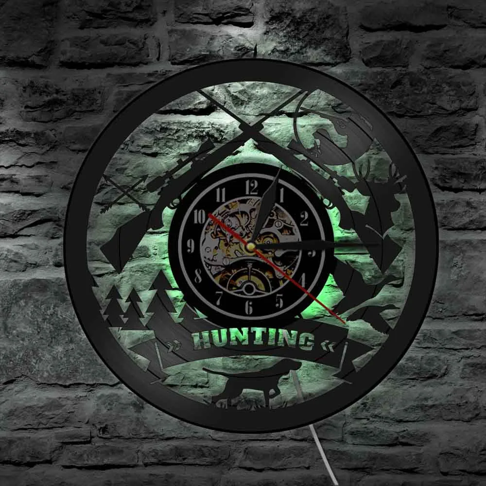 Hunting Sign Weapon Gun And Dog Adventure LED Light Vinyl Record Wall Clock Goose Flight Hunter Decor Watch LED Hanging Lamp