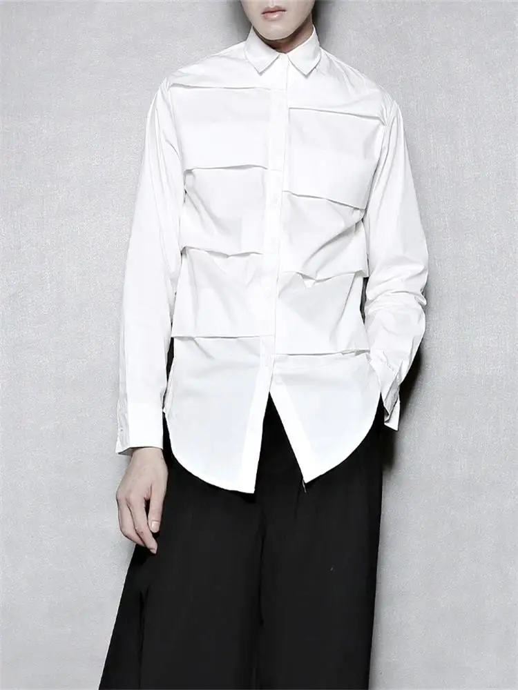 Men's Long-Sleeve Shirt Spring And Autumn New Slim Pointed Collar White Pleated Design Mature Popular Large Size Shirt