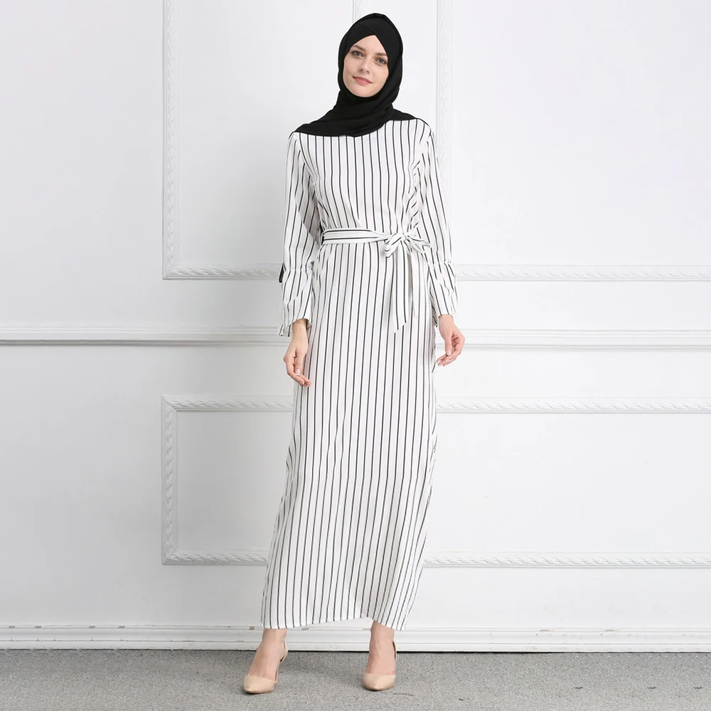 Abaya Dubai American Clothing Stripe printing Caftan Dress Back with zipper Hijab abayas for women Has a belt Muslim Fashion