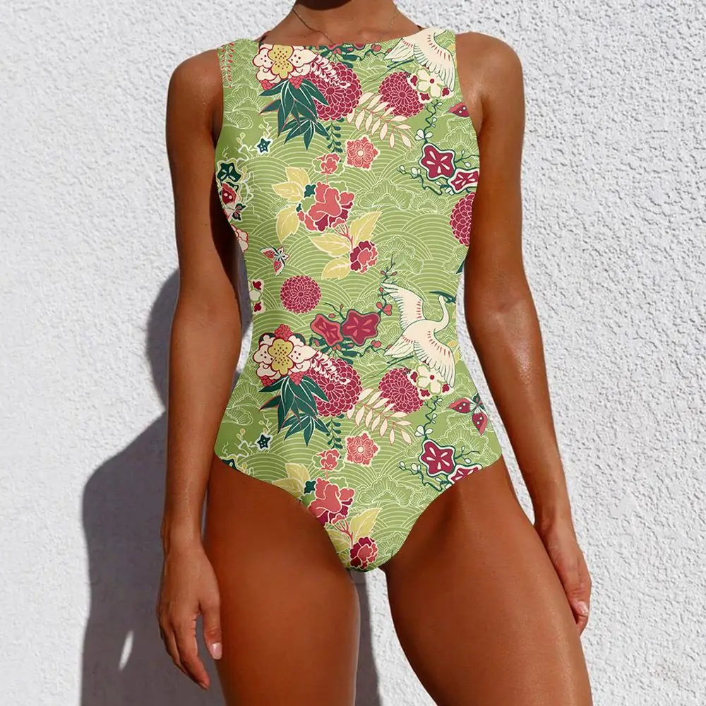 Monokini One-piece Swimsuit Women Floral Printing Patchwork Belt Bow 2021 Summer O-neck Sexy Beach Bathing Suit Ladies Swimwear