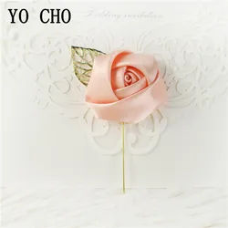 YO CHO Gold Alloy Brooch Wedding Dress Decor Silk Rose Flower Head Groom Boutonniere Mariage Corsage Brooch Flower for Best Man