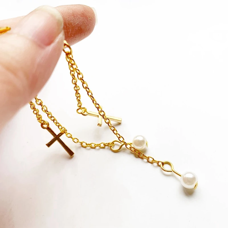 Golden Pendant Cross Earrings Clip On Earings for Women without Piercing Simulated Pearl No Ear Hole Earrings Girl Women