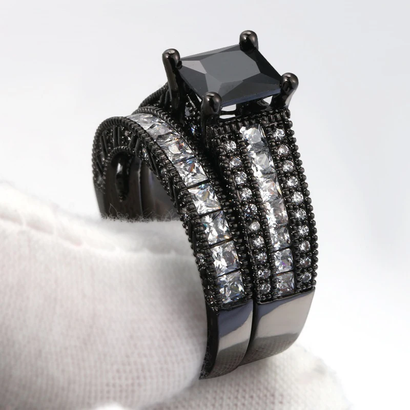 2025 Charm Couple Rings - Fashion Men Black Stainless Steel Ring Women Rhinetones Rings Set Bride Wedding Band Engagement Gift