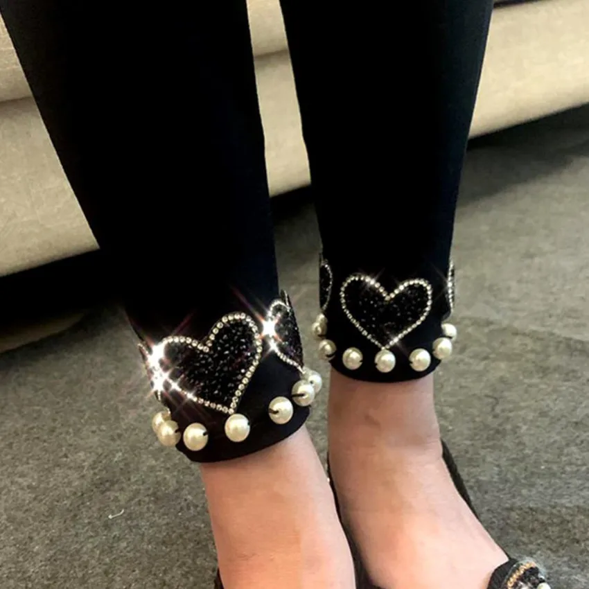 

Black thin elastic rhinestone leggings women pearl ankle length autumn winter