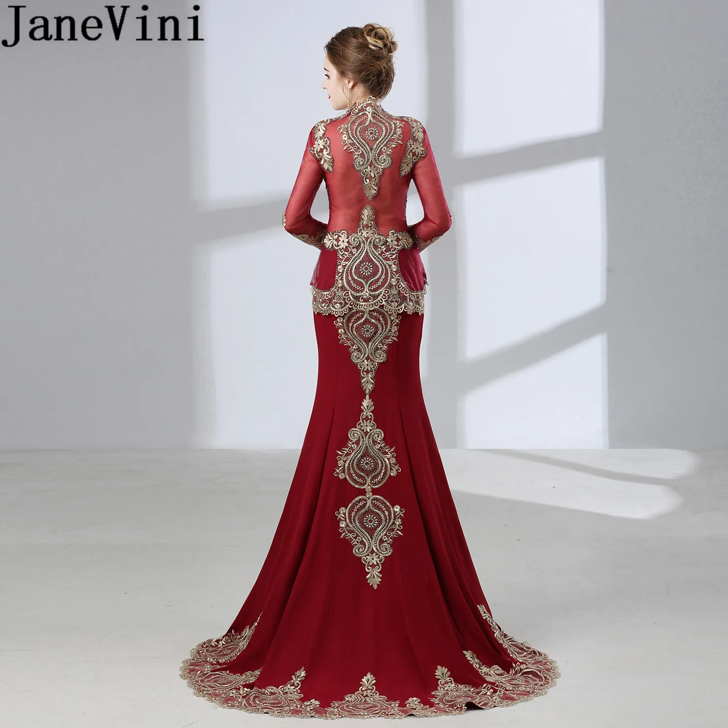 JaneVini – robe de soirée de forme sirène, tenue de soirée arabe avec cape, dentelle perlée, bordeaux, Tulle, manches longues, turquie, 2020