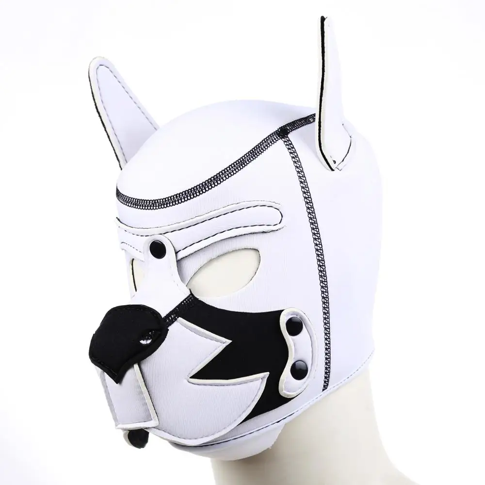 Party Masks Pup Puppy Play White Dog Hood Mask Padded Neoprene Rubber Role Play Cosplay Halloween Mask Sex Toy For Couples Flirt