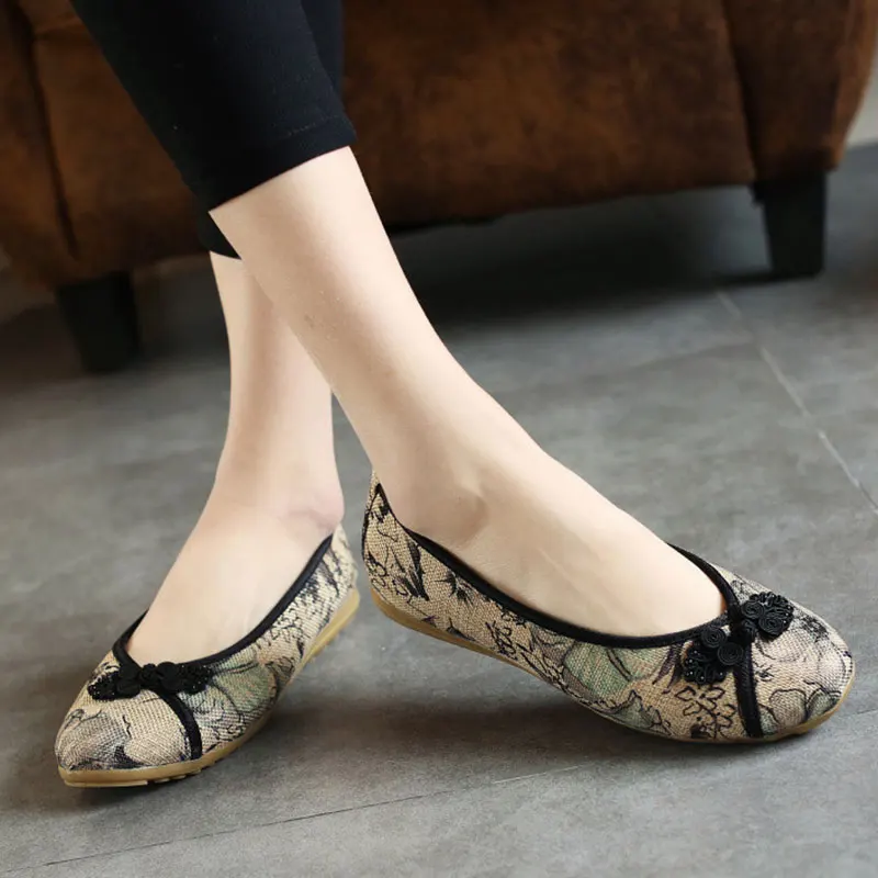 Veowalk Chinese Knot Women Floral Printed Canvas Ballet Flats Retro Ladies Casual Slip-on Ballerinas Comfort Old Beijing Shoes