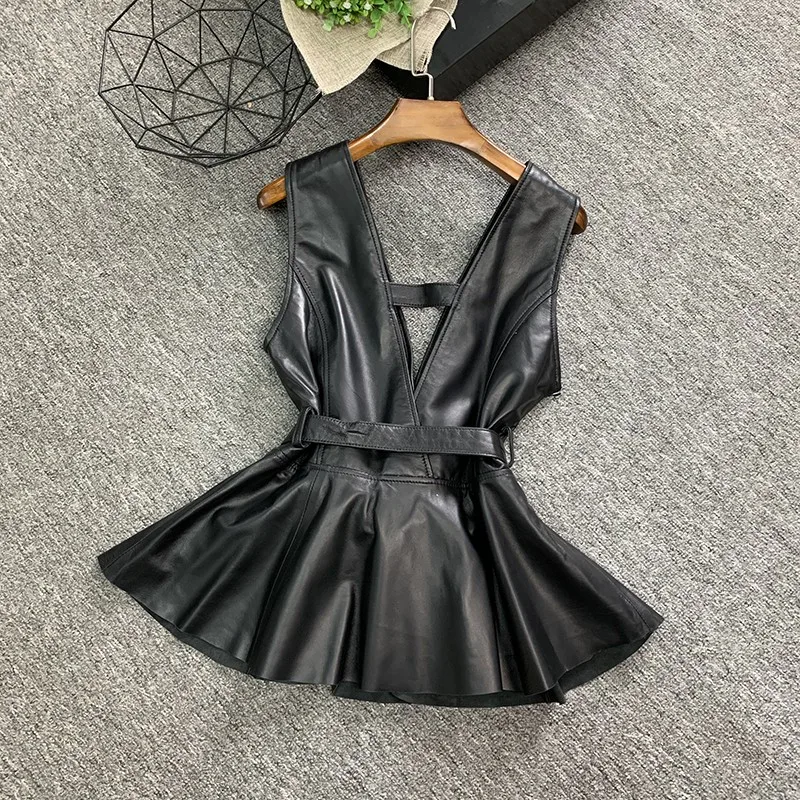 Sexy V-Neck Mini Dress Women Sleeveless Genuine Leather Straps Dress Female Sheep Skin High Waist Sashes A Line Pleated Dresses