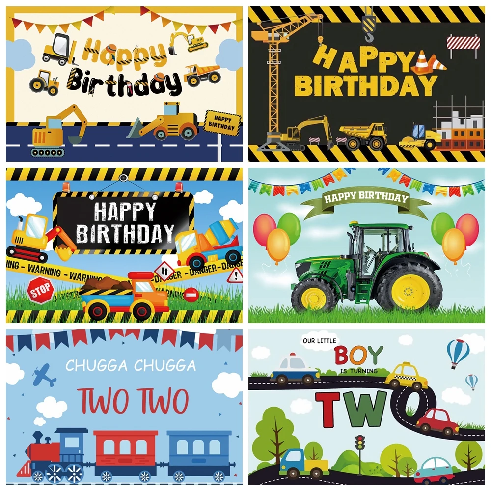 

Boy Birthday Train Fire truck Background Construction Zone Excavator Truck Baby Shower Photography Backdrop Photo Studio Banner