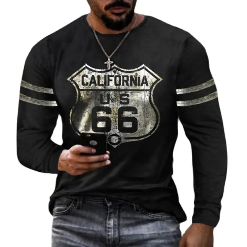 2024 Men's T-shirts Long Sleeve 3d Print Top Casual Cotton Vintage T Shirt Vintage Route 66 Tee Loose Sports O-neck Clothing 5xl