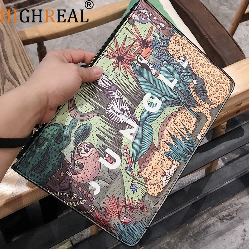 

Fashion Plants Print Clutch Bags for Women Personality Leather Contrast Color Street Lady Wrist Bag Couple Casual IPad Bags