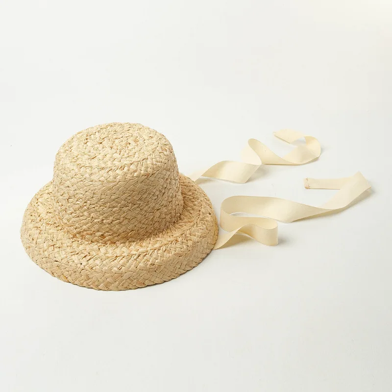 Children Hand-knitted Raffia Retro Flat Top Sun Hats Girls And Boys Summer Travel Sunscreen Vacation Straw Hat With Lacing S1161