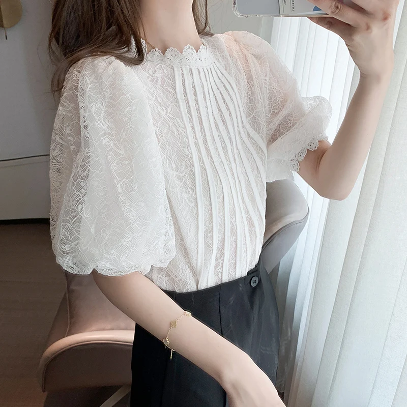 Summer Short Sleeve Blouse Women Stand Collar Lace White Blouse Shirt Tops Women Blusas Mujer De Moda 2024 Blouses Femme F08