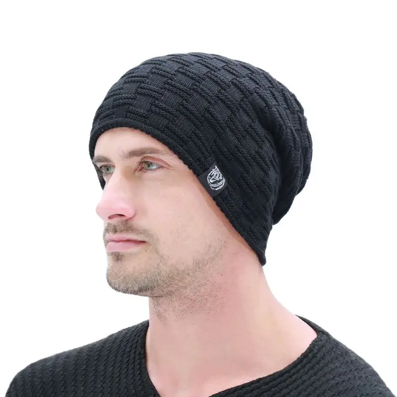 

Fashion Cloth Label Skullies Beanies Men Winter Plus Velvet Thick Hats Warm Knitted Caps For Men Casual Bonnet High Quality