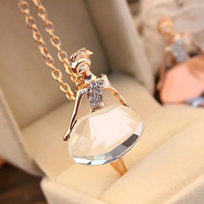 2024 Fashion Gold Color Chain Shiny Crystal Ballerina Girl Pendant Necklace Statement Long  Jewelry Female Women Gifts