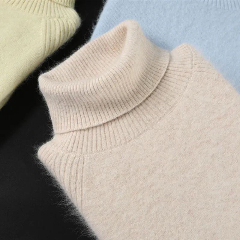 2024 New Super Warm 100% Mink Cashmere Sweaters and Pullovers Women Winter Turtleneck Solid Color Soft Tops Female Basic Jumpers