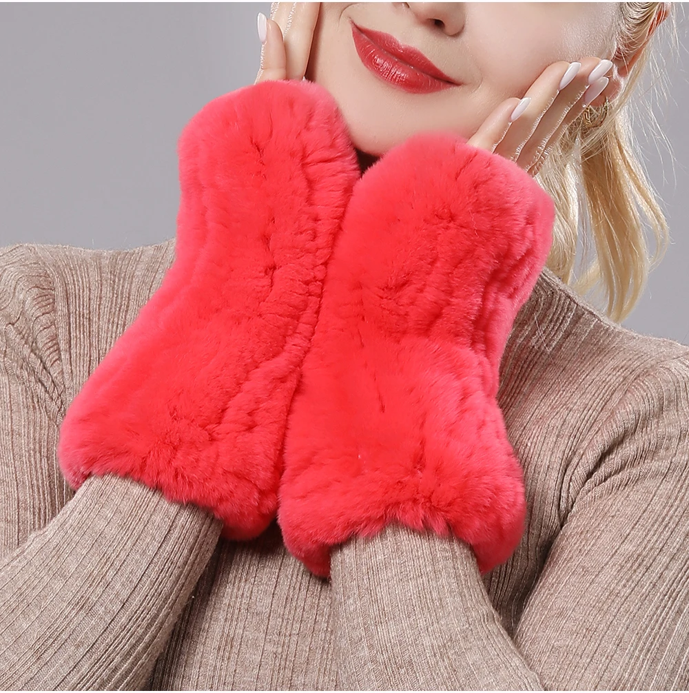 New Women 100% Real Genuine Knitted Rex Rabbit Fur Mittens Winter Warm Lady Real Fur Fingerless Gloves Handmade Knit Fur Mitten