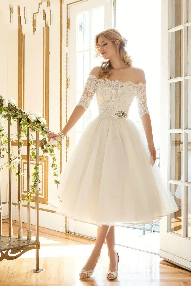 Robe de mariée élégante, encolure bateau, courte, demi-manches, en dentelle, épaules dénudées, mi-mollet, bon marché, style Boho, 2020