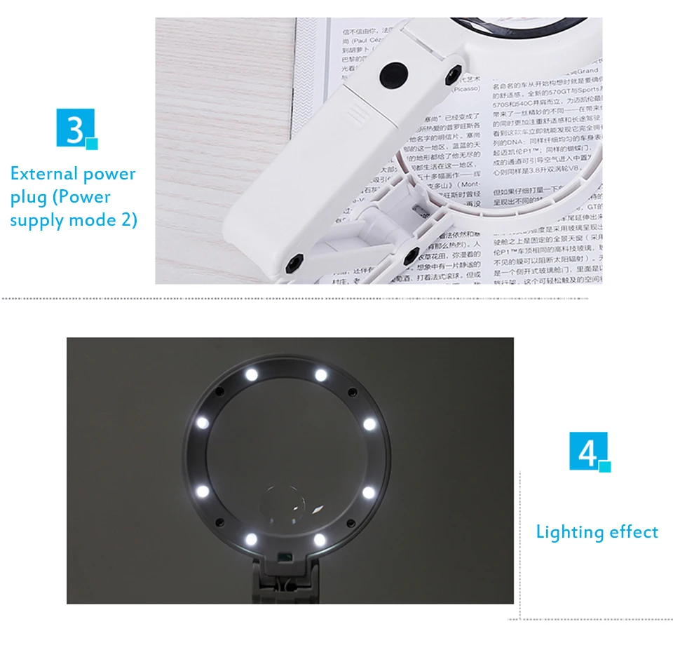 Tragbare Handlupe mit LED-Leuchten, faltbare Desktop-Lupe zum Lesen von Zeitungen, Lupe, Reparaturwerkzeug – Detail 6