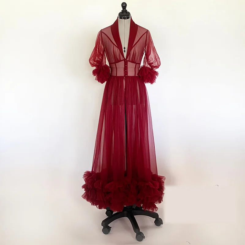 

Women's Burgundy Photography Dress Robe Sexy Nightgown Ruffles Sleepwear Lace Tulle Long Bathrobe Pajamas Prom Bridesmaid Shawel