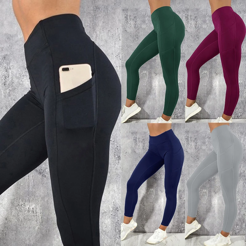 Side Pocket Design High Waist Elastic Leggings Women's Skinny Exercise Fitness Running Yoga Pant Gym Clothes