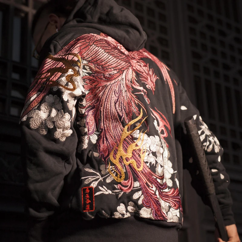 Fashion High Quality Heavy Work Coats Street Streetwear Yokosuka Phoenix Sakura Ukiyoe Embroidery Baseball Jacket Tops L6