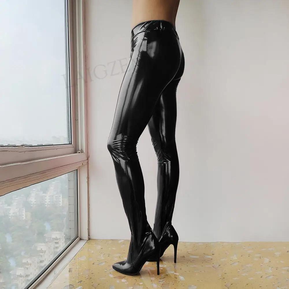 DOBANER Pants Boots Elastic Shiny Faux Leather Stiletto High Heels Thigh High Boots Sexy Cosply Shoes Woman Plus Size 42 43 47