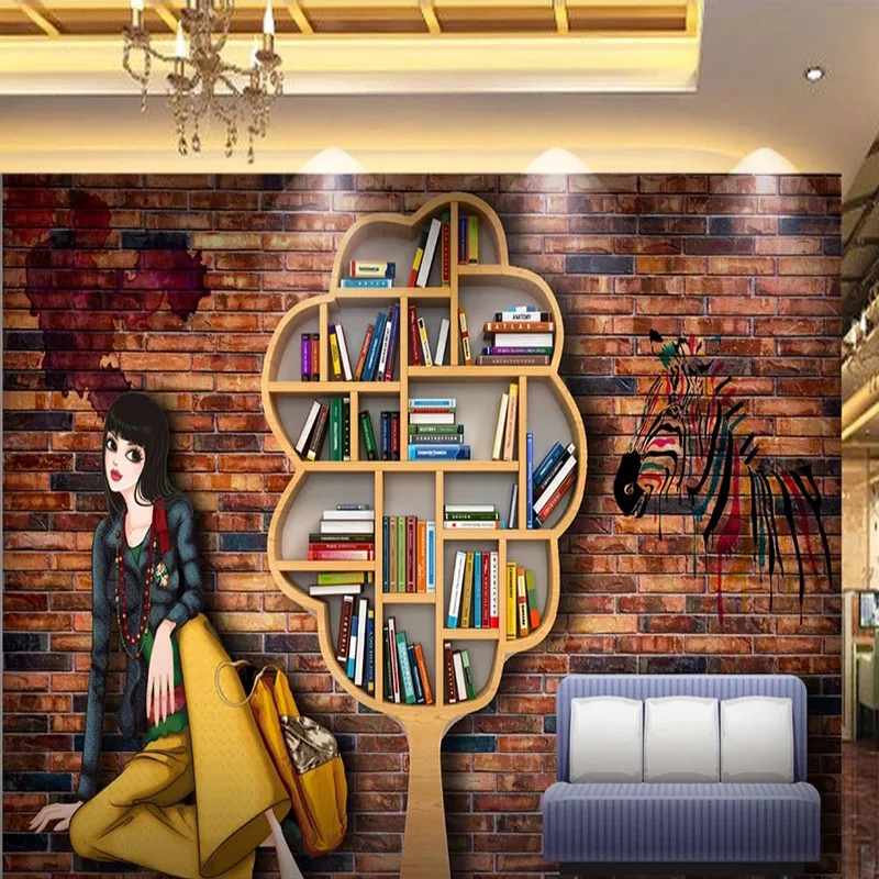 

Self-Adhesive Waterproof Murals 3D Nostalgic Brick Wall Bookcase Cartoon Beauty Clothing Store Tooling Wall Sticker Papel De Pa