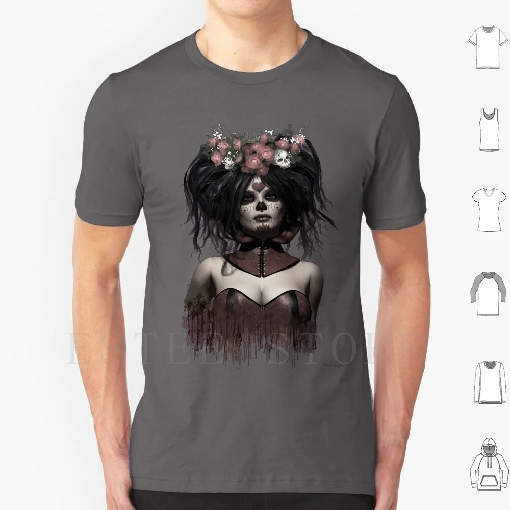 La Catrina T Shirt DIY Big Size 100% Cotton La Catrina Day Of The Dead Sugar Doll Makeup Fantasy Art Shanina Conway Skull Roses