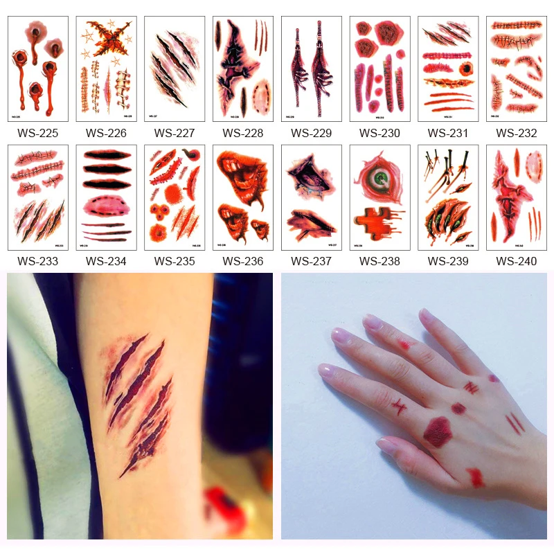 

3pcs Makeup Sticker Tattoos Halloween Waterproof Zombie Scars Fake Scab Blood Halloween Decoration Wound Scary Blood Injury