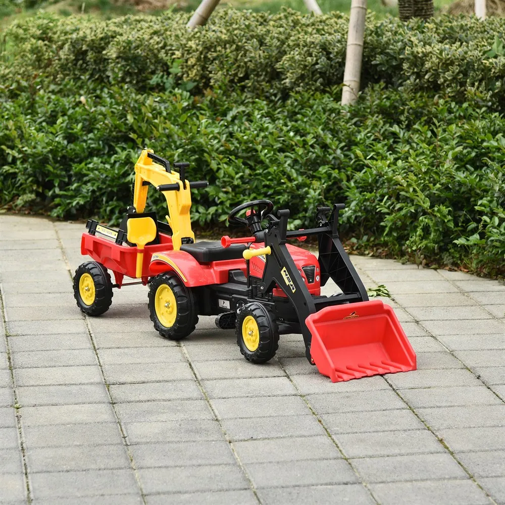 HOMCOM Tractor a Pedales con Remolque y Palas para +3 Años 179x42x59 cm Rojo