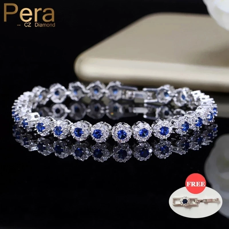 Pera New Fashion Royal Tennis Bracelets for Women Silver Color Big Cubic Zirconia Blue Flower Connected Party Charm Jewelry B117