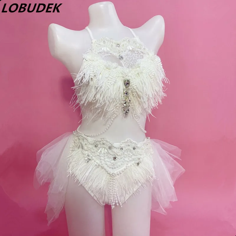 LED White Feather Rhinestones Bikini Pole Dancing Outfit Sexy Nightclub Party Rave Show DJ Singer Dancer Performance Costume