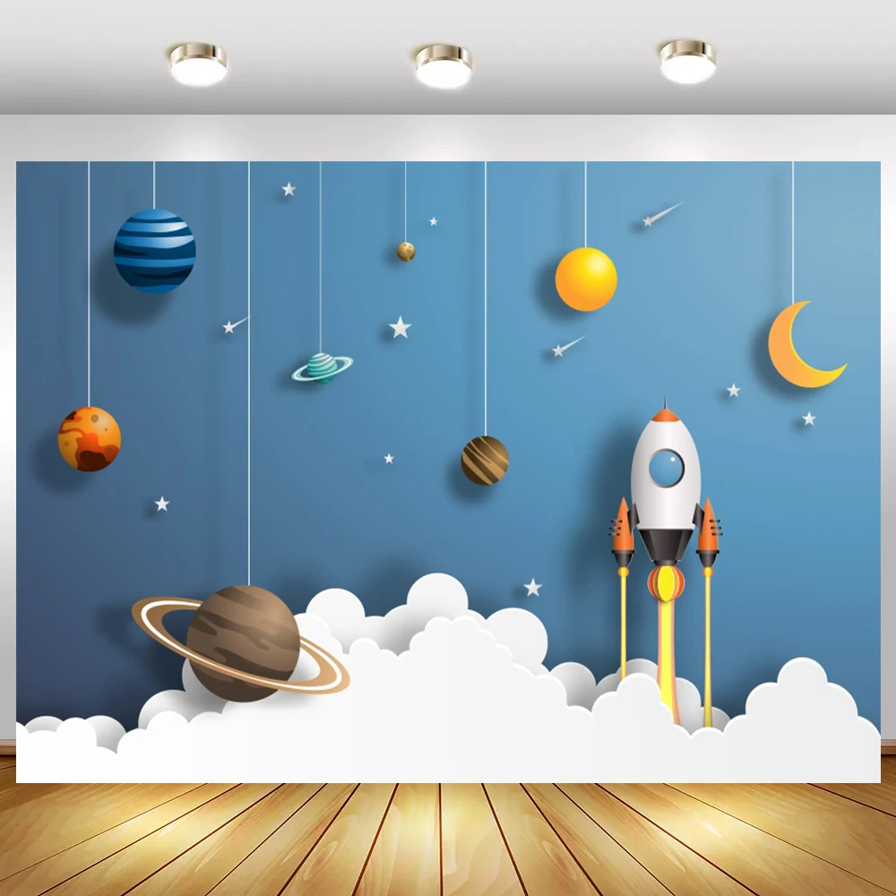 Laeacco Baby Cartoon Spaceship Satellite Star Planet Birthday Party Pattern Photographic Background Photo Backdrop  Photo Studio