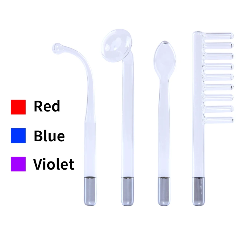 High Frequency Facial Electrode Nozzle Attachment 4 Pcs Glass Tubes Red light Neon Violet Argon Blue light mixing Face Skin Care