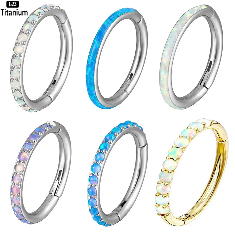 

1PS G23 Titanium Earrings Ear Piercing Opal Stone Hight Segment Rings Open Small Septum Helix Nose Ring Fashion Body Jewelry 16G