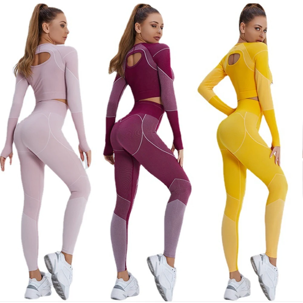 

New Seamless Women Yoga Set Workout Sportswear Long Sleeve Crop Top High Waist Legging Fitness Suit Gym Clothing Training Outfit