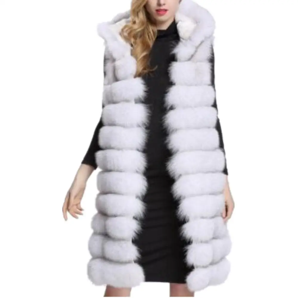 90CM Women Winter Faux Fur Super Long Fur Vest With Hooded Luxury Faux Fox Fur Vest Furry Woman Thick Fake Fur Vest