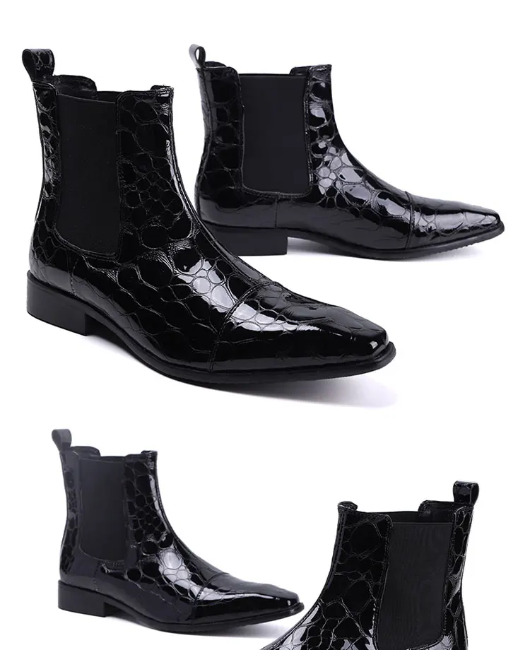 Frühlingsswarze kurze Stiefel mit Krokodilmuster, modische Stiefel, quadratischer Kopf, Lackleder, nackte Chelsea-Kurzstiefel für Herren – Detail 4