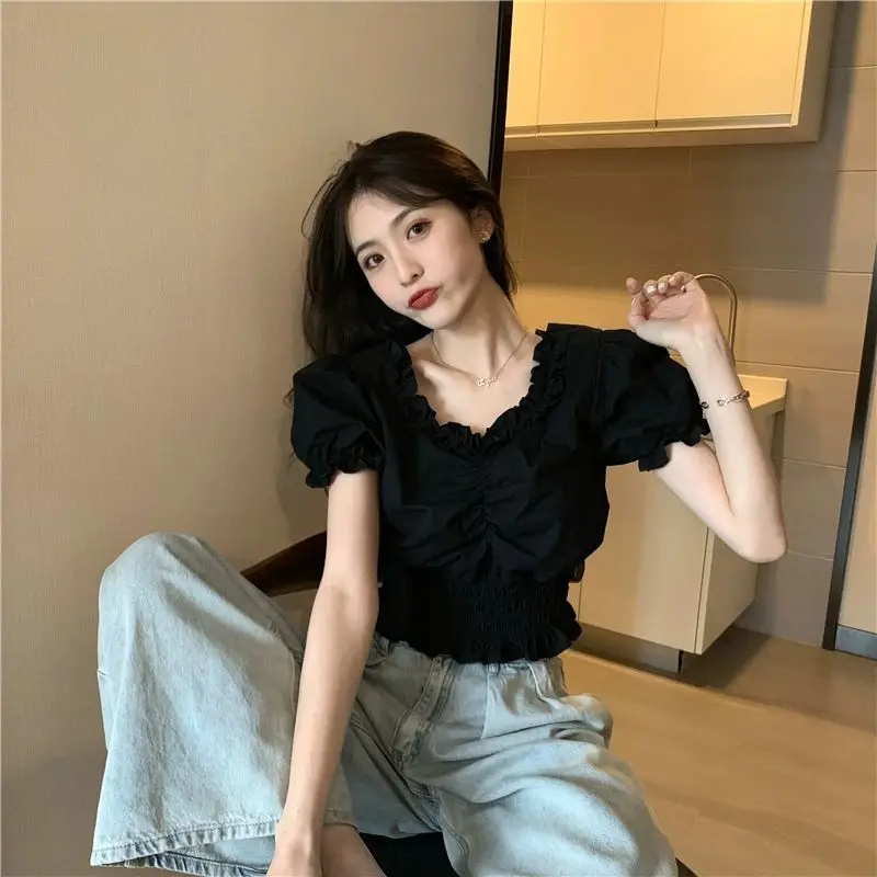 Elegant White Ruffles V Neck Cropped Top Casual Short Sleeve V NEck Ruched Slim Blouse Women Summer Simple All match Shirt